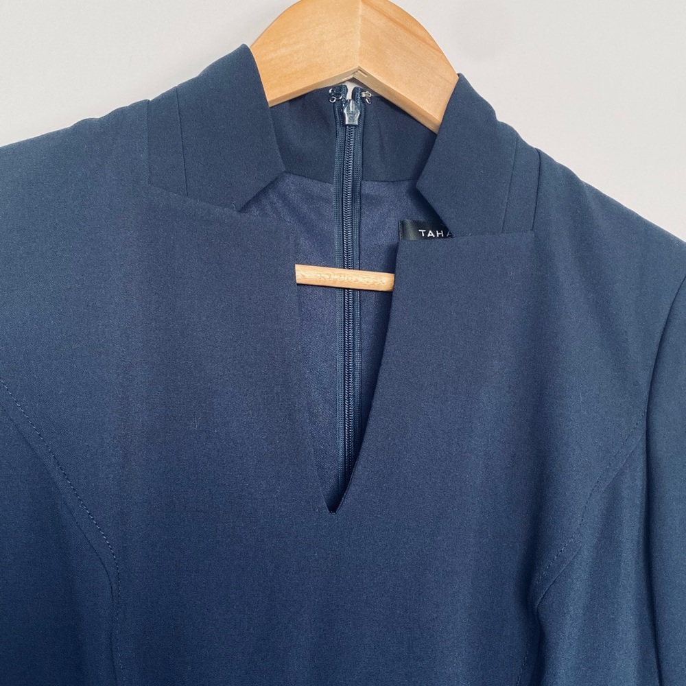 NWT! Tahari Adam S. Levine Navy V-Nevk Notch Midi Dress! Elbow Sleeves! Size 2! - Picture 3 of 7